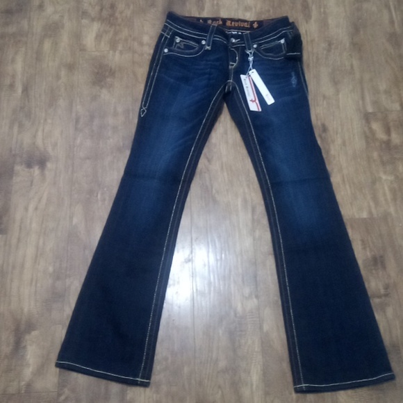 Rock Revival Women's 26 Bootcut Jamie Bejeweled Faux Leather Flap Pockets NWT - Picture 3 of 11